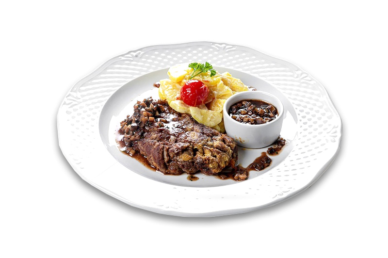 Татымды қамырында пісірілген сиыр етінен стейк