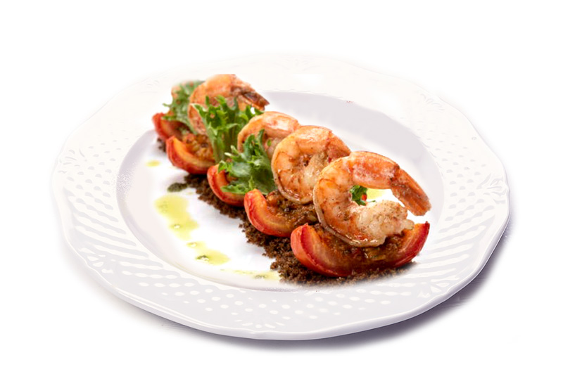 Shrimp on baked tomatoes