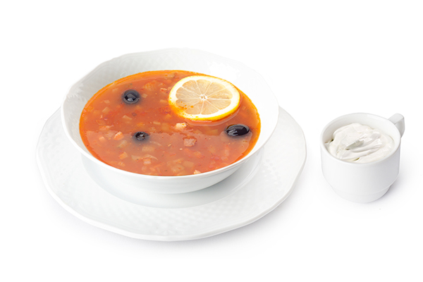 Classical solyanka (Russian meat mix soup)