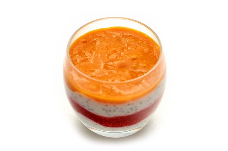 Coconut milk pudding with chia seeds and sea buckthorn and cherry mousse